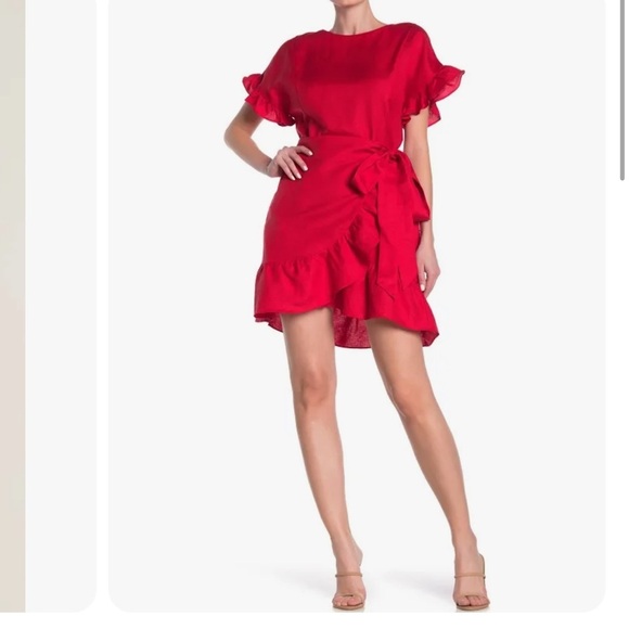ASTR The Label Coral Red ruffle faux wrap around skirt ruffle sleeves dress Sz L - Picture 12 of 12